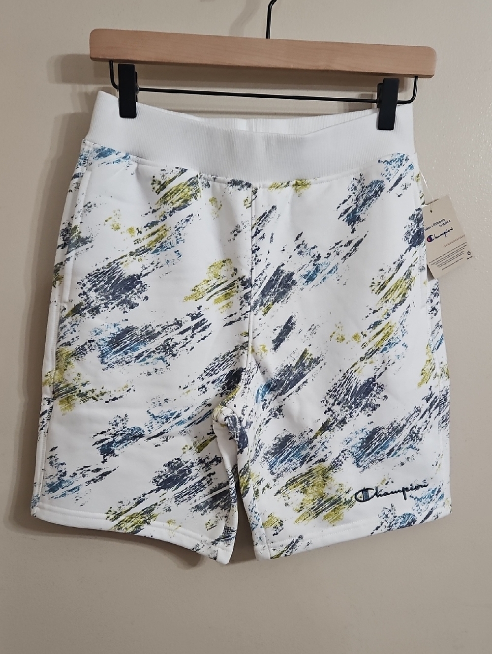 Champion White Shorts with Blue and Yellow Brush Print Large Boys  NwT